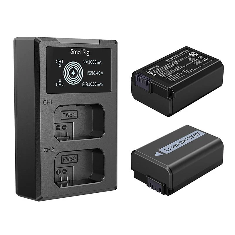  Kit SmallRig 3818 Carregador Duplo + 2 Baterias NP-FW50 (1030 mAh)